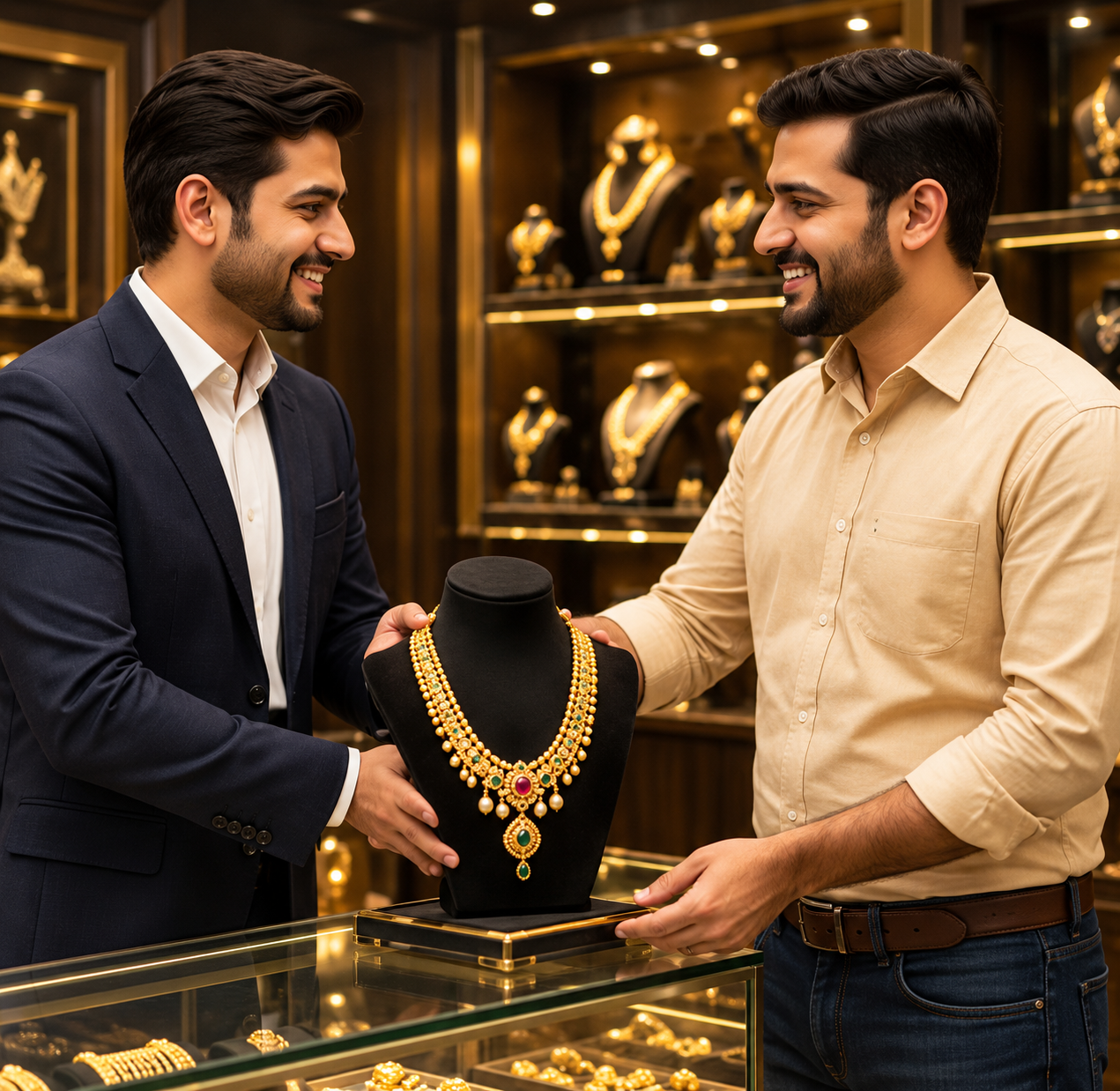 Jeweller and customer in showroom